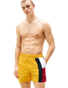 Flag Slim Mid Length Swim Shorts in Yellow