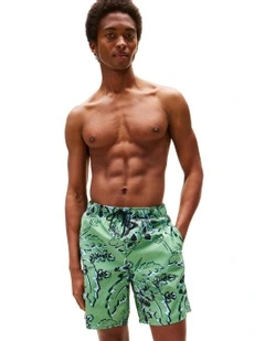 Long Drawstring Print Shorts in Green