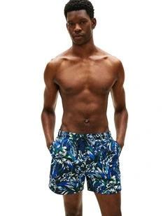 Print Mid Length Swim Trunks in Blue