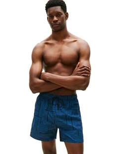 Print Mid Length Swim Trunks in Blue