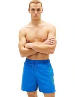 Logo Embroidery Mid Length Swim Shorts in Blue