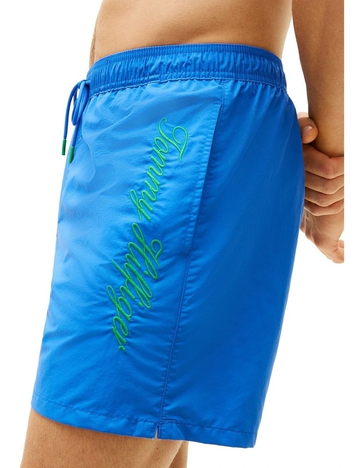 Logo Embroidery Mid Length Swim Shorts in Blue image 3