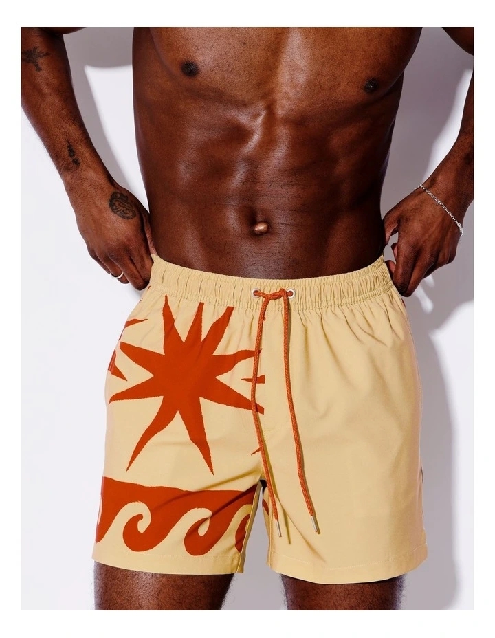Retro Wave Placement Print Swim Shorts in Cream image 1