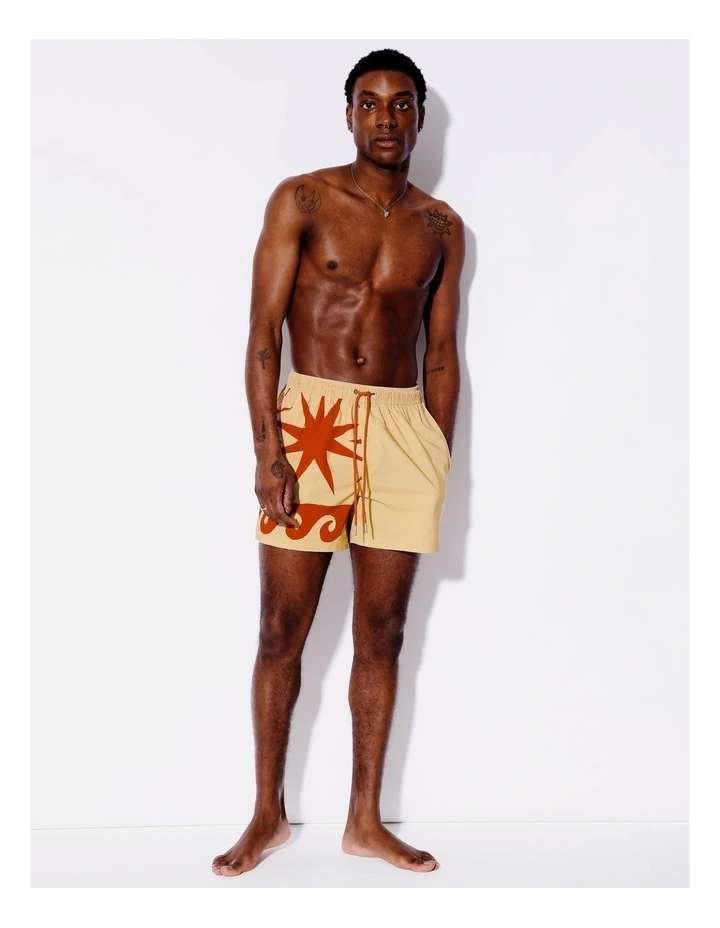 Retro Wave Placement Print Swim Shorts in Cream image 2
