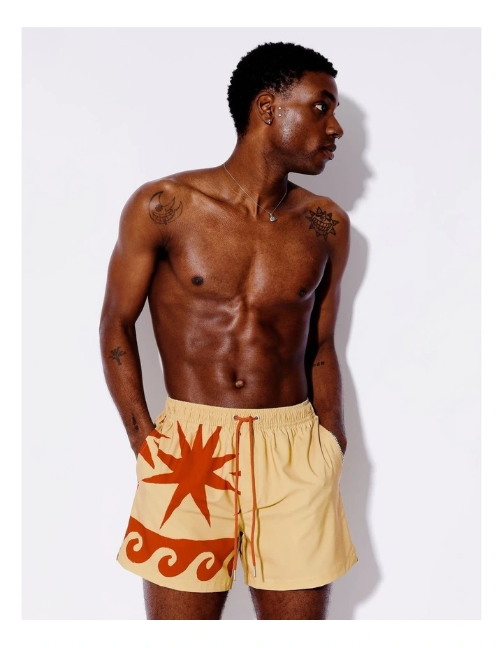 Retro Wave Placement Print Swim Shorts in Cream image 3
