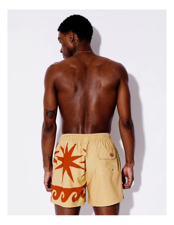Retro Wave Placement Print Swim Shorts in Cream image 4
