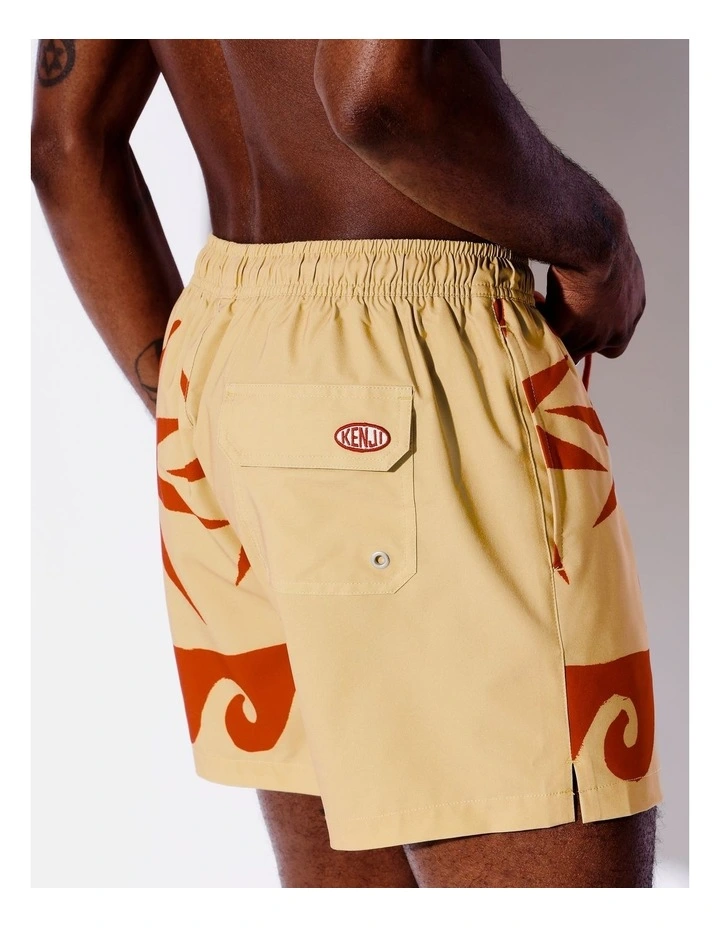 Retro Wave Placement Print Swim Shorts in Cream image 5