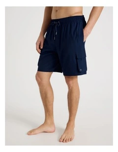 Elastic Waist Cargo Swim Short in Navy