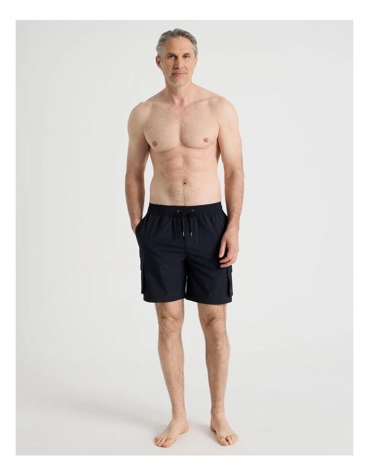 Elastic Waist Cargo Swim Short in Black image 1