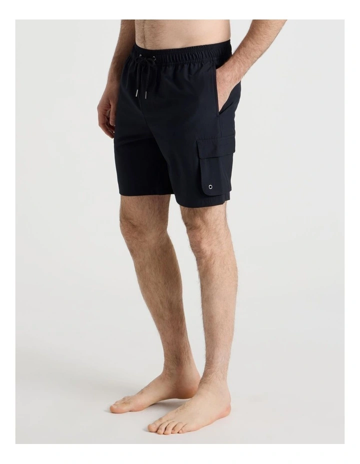 Elastic Waist Cargo Swim Short in Black image 2