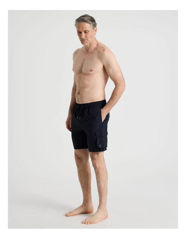 Elastic Waist Cargo Swim Short in Black image 3