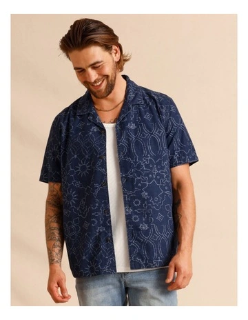 Pollen Print Denim Short Sleeve Shirt in Indigo