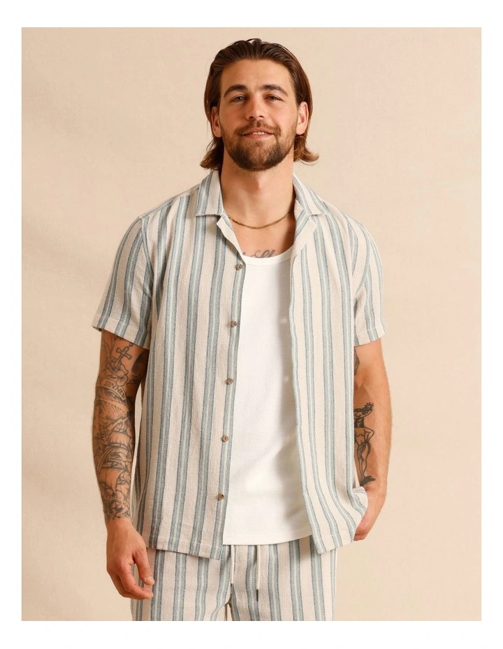 Harvey Stripe Textured Short Sleeve Shirt in Cream image 1