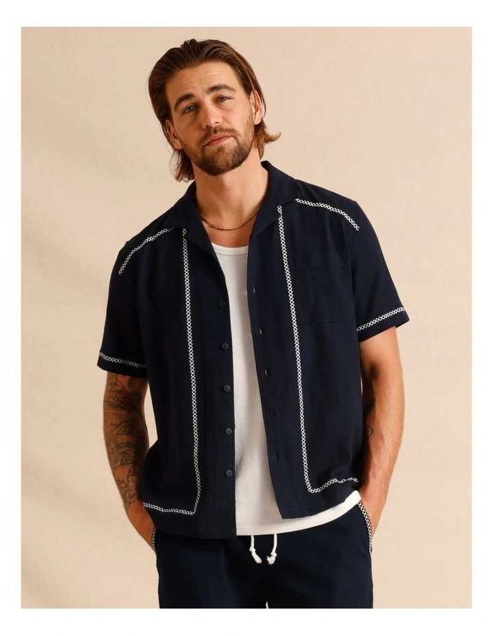 Alfie Embroidery Short Sleeve Shirt in Navy image 1