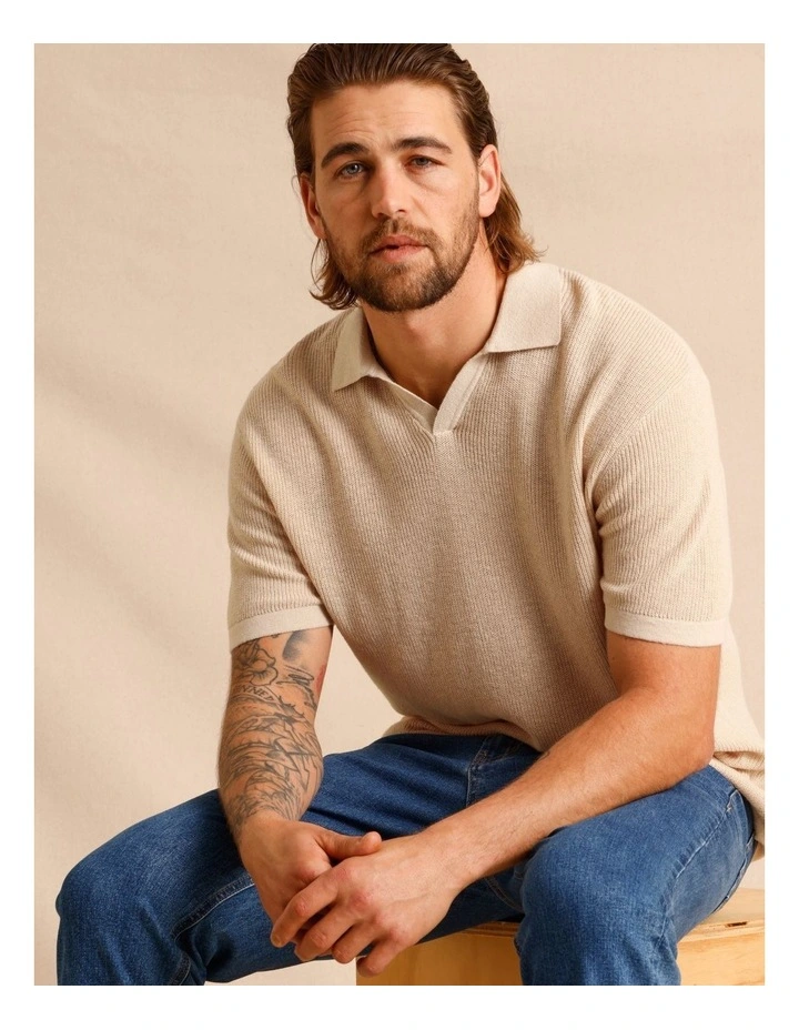 Thorne Knit Short Sleeve Polo in Cream image 5