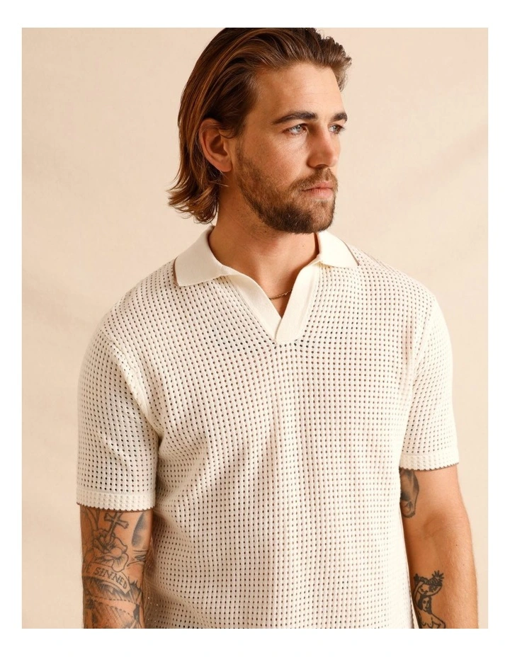 Saxon Cross Stitch Knit Polo in Cream image 1