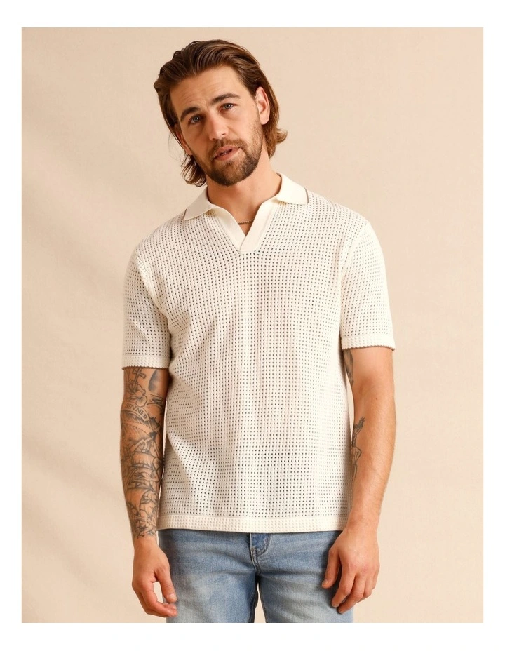 Saxon Cross Stitch Knit Polo in Cream image 2