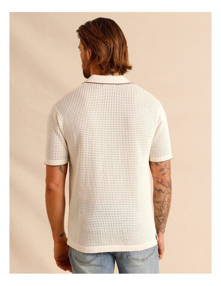 Saxon Cross Stitch Knit Polo in Cream image 5