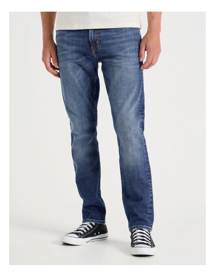 Long Slim Tapered Crosshatch Jeans in Mid Blues image 3