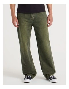 Loose Wide Leg Green Tint Jeans in Green