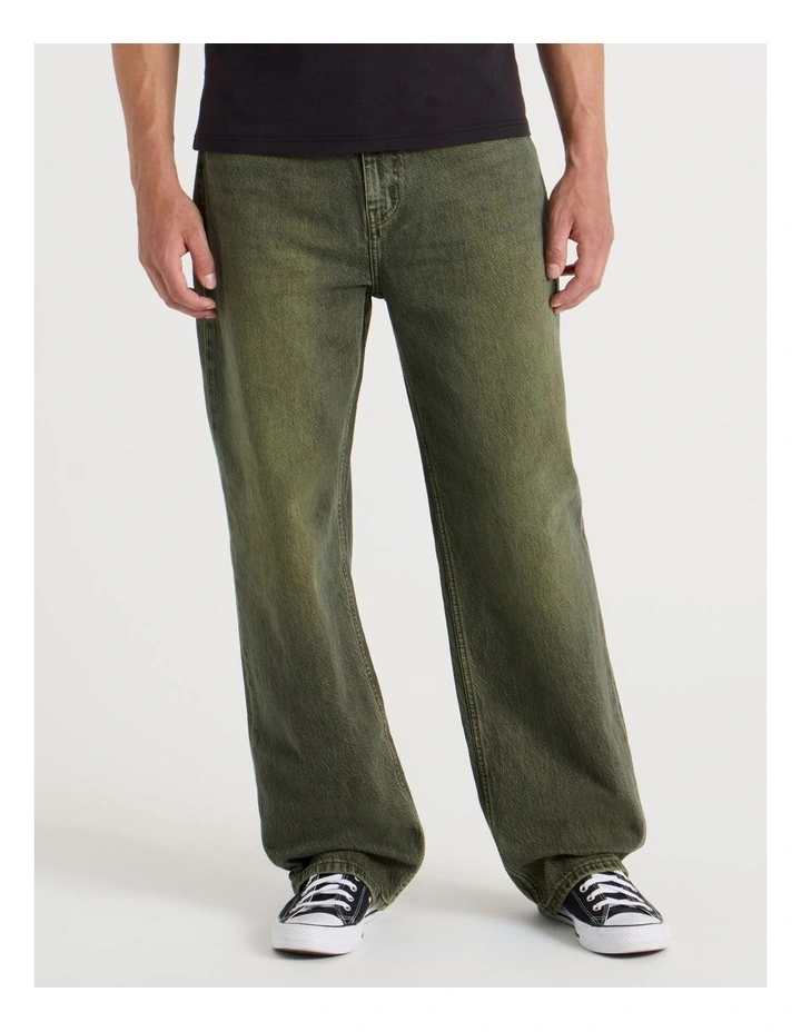 Loose Wide Leg Green Tint Jeans in Green image 1