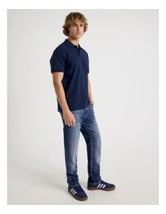 Slim Tapered Crosshatch Jeans in Mid Blues