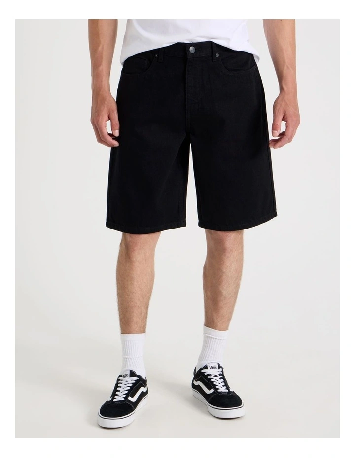 Relaxed Denim Shorts in Black image 2