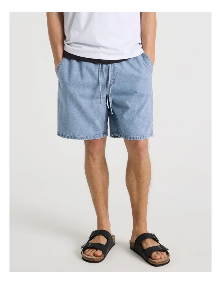 Lyocell Blend Elastic Waist Denim Shorts in Light Blue image 2