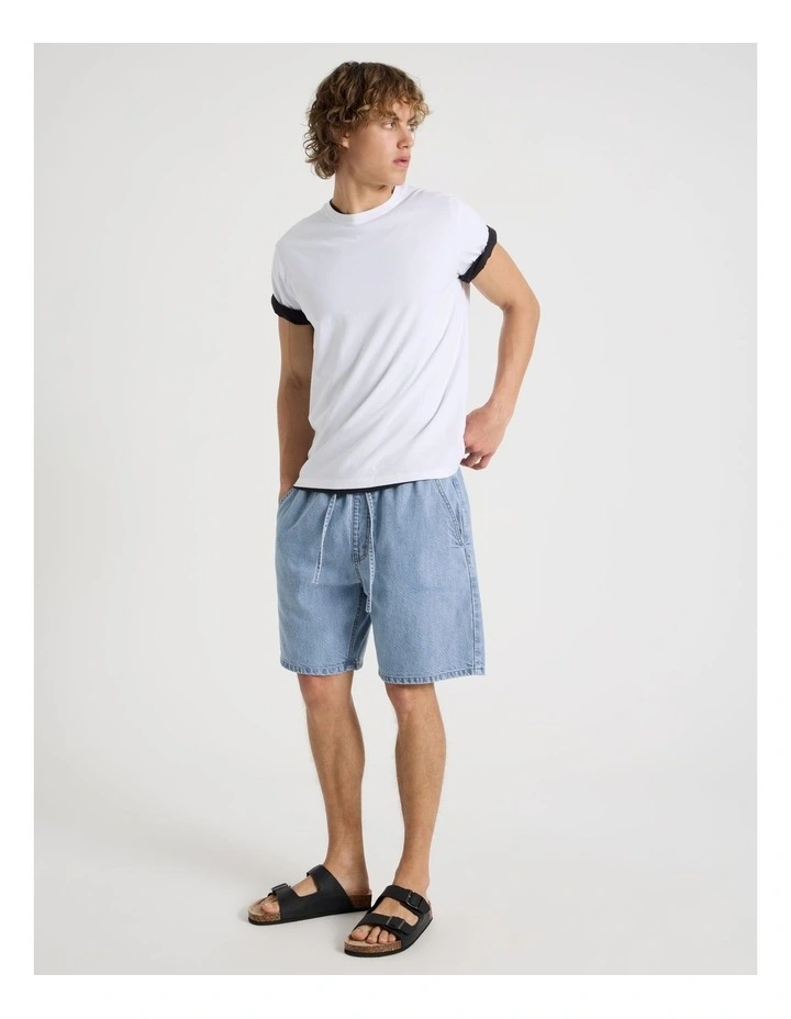 Lyocell Blend Elastic Waist Denim Shorts in Light Blue image 7