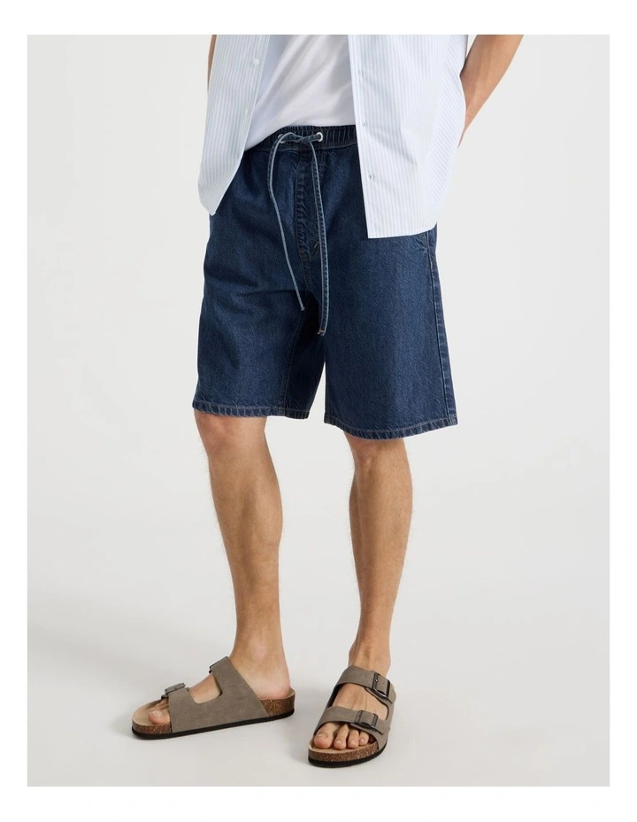 Lyocell Blend Elastic Waist Denim Shorts in Bright Blue image 2