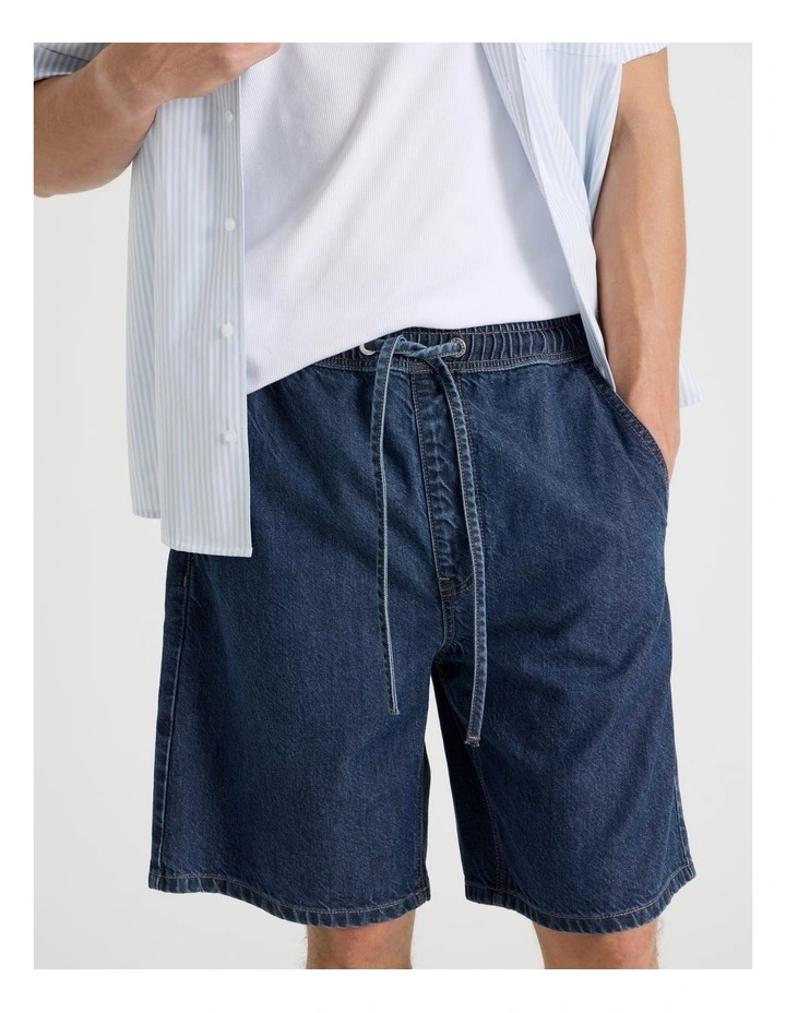 Lyocell Blend Elastic Waist Denim Shorts in Bright Blue image 4