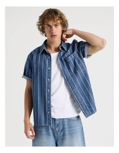 Lyocell Blend Short Sleeve Stripe Denim Shirt in Mid Blues