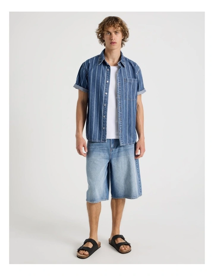 Lyocell Blend Short Sleeve Stripe Denim Shirt in Mid Blues image 2