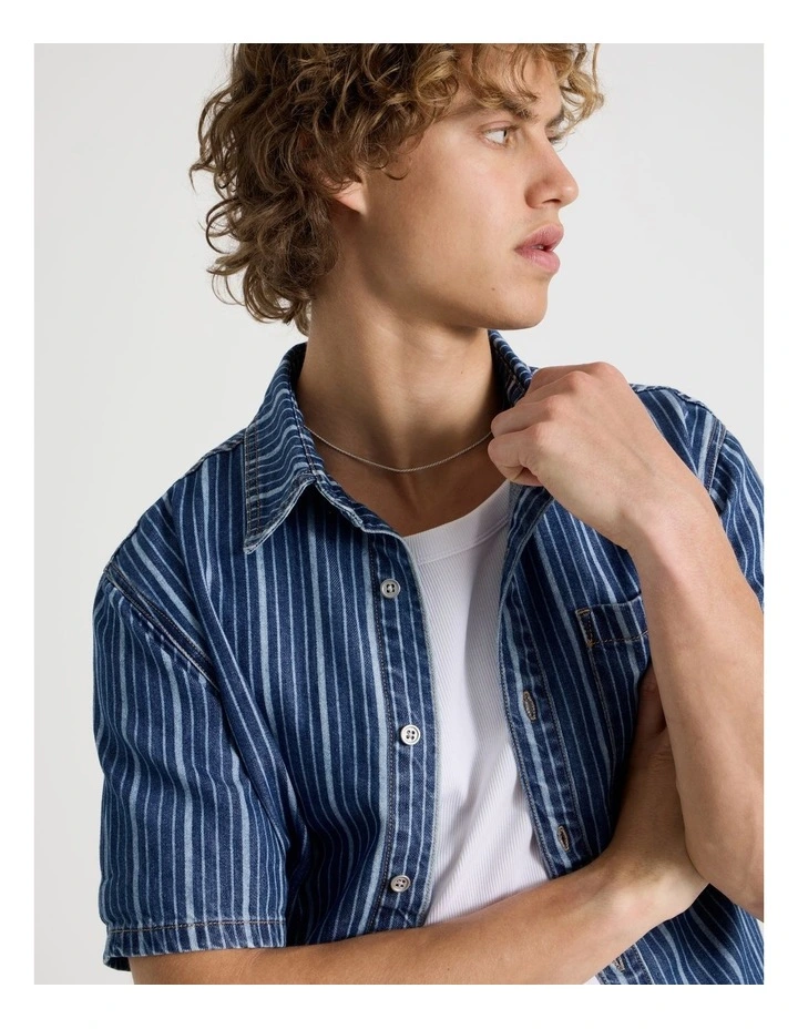 Lyocell Blend Short Sleeve Stripe Denim Shirt in Mid Blues image 3
