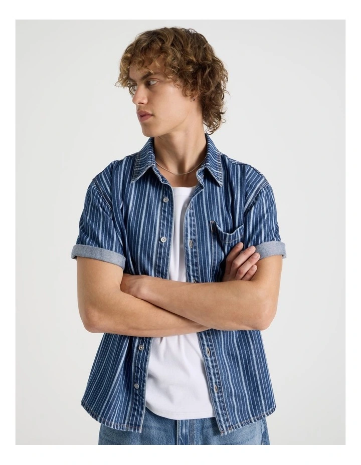 Lyocell Blend Short Sleeve Stripe Denim Shirt in Mid Blues image 4