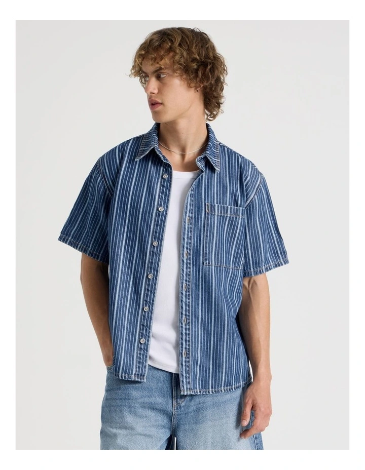 Lyocell Blend Short Sleeve Stripe Denim Shirt in Mid Blues image 5