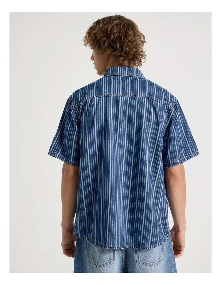 Lyocell Blend Short Sleeve Stripe Denim Shirt in Mid Blues image 6