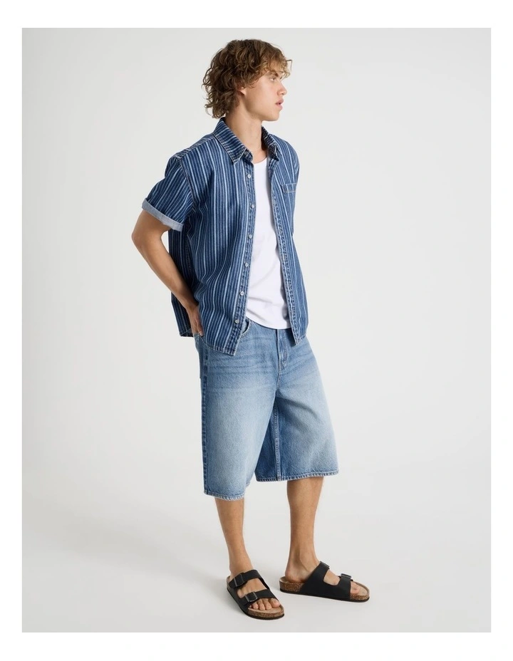Lyocell Blend Short Sleeve Stripe Denim Shirt in Mid Blues image 7