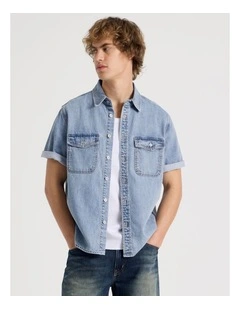 Lyocell Blend Short Sleeve Denim Shirt in Light Blue