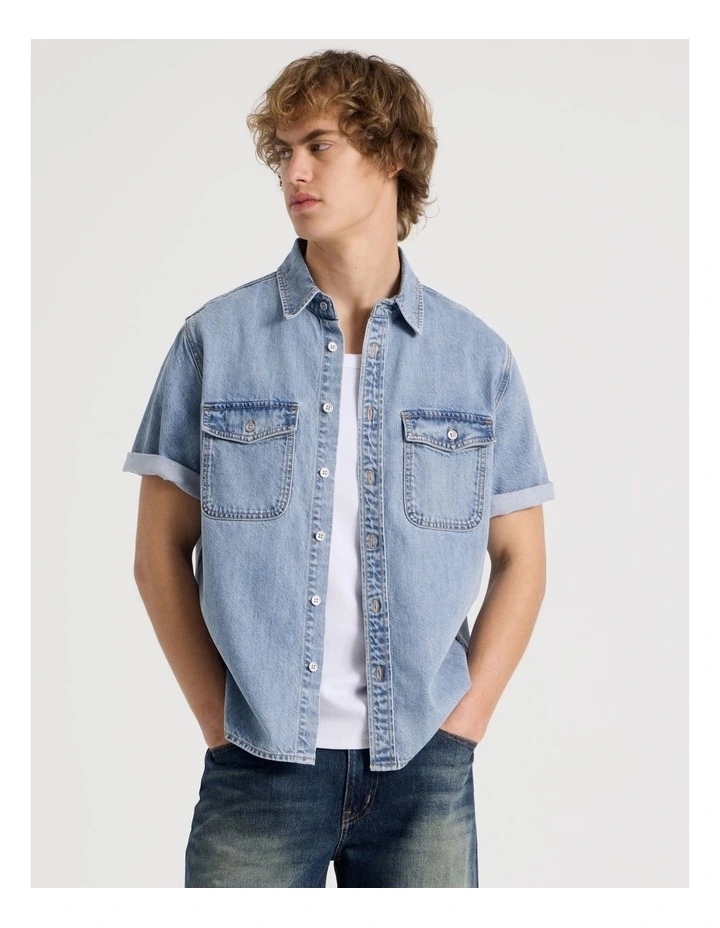 Lyocell Blend Short Sleeve Denim Shirt in Light Blue image 1