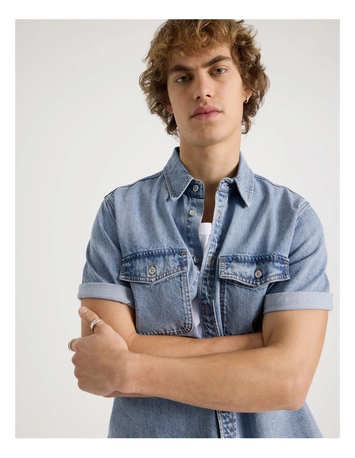 Lyocell Blend Short Sleeve Denim Shirt in Light Blue image 2