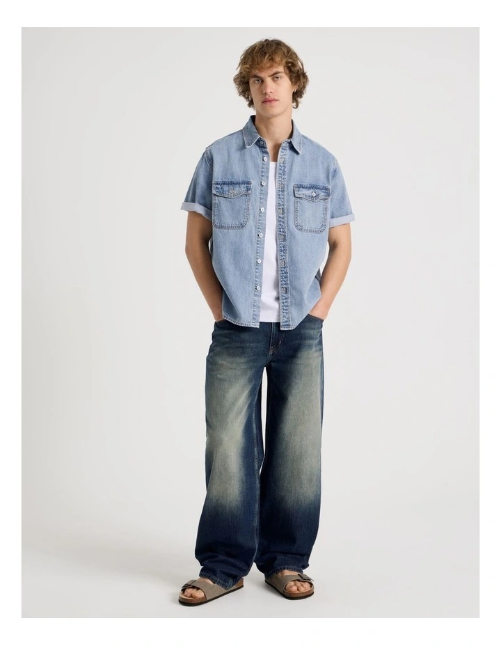 Lyocell Blend Short Sleeve Denim Shirt in Light Blue image 3