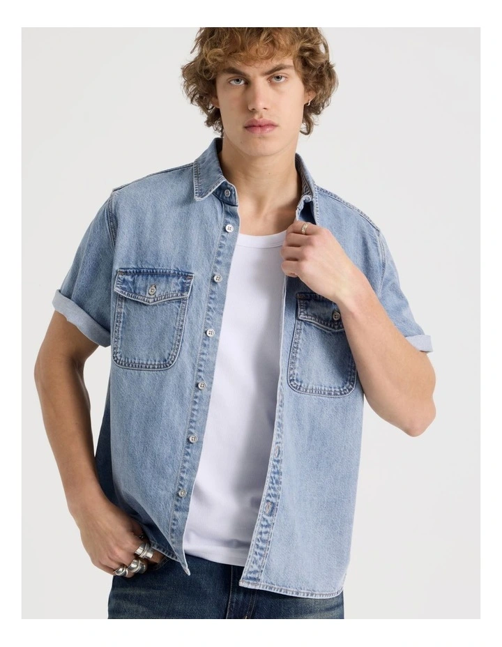 Lyocell Blend Short Sleeve Denim Shirt in Light Blue image 4