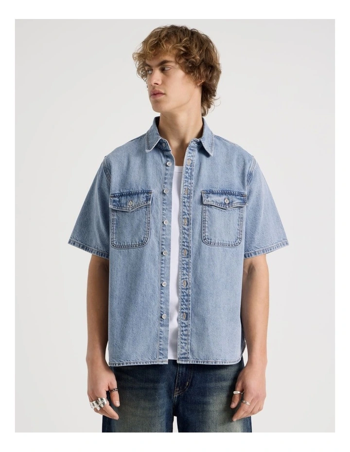 Lyocell Blend Short Sleeve Denim Shirt in Light Blue image 5