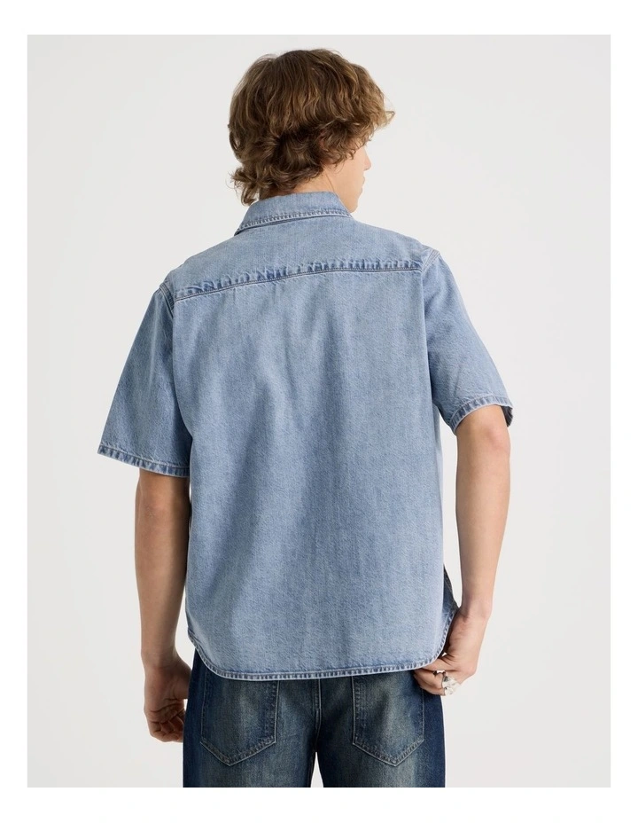Lyocell Blend Short Sleeve Denim Shirt in Light Blue image 6