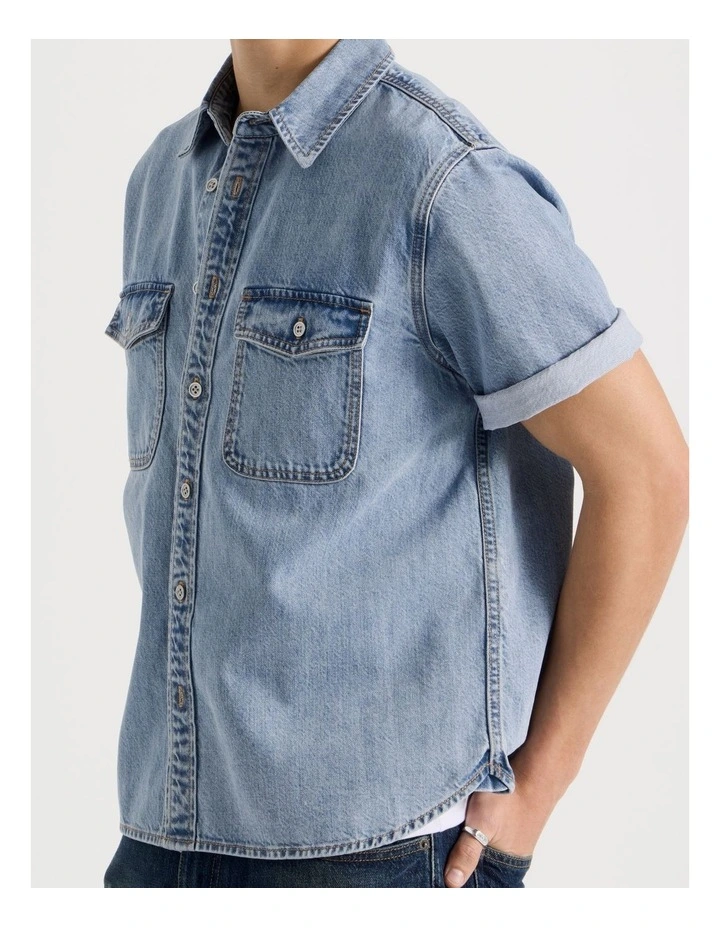 Lyocell Blend Short Sleeve Denim Shirt in Light Blue image 7