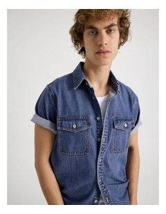 Lyocell Blend Short Sleeve Denim Shirt in Mid Blues