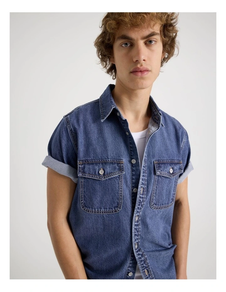 Lyocell Blend Short Sleeve Denim Shirt in Mid Blues image 1