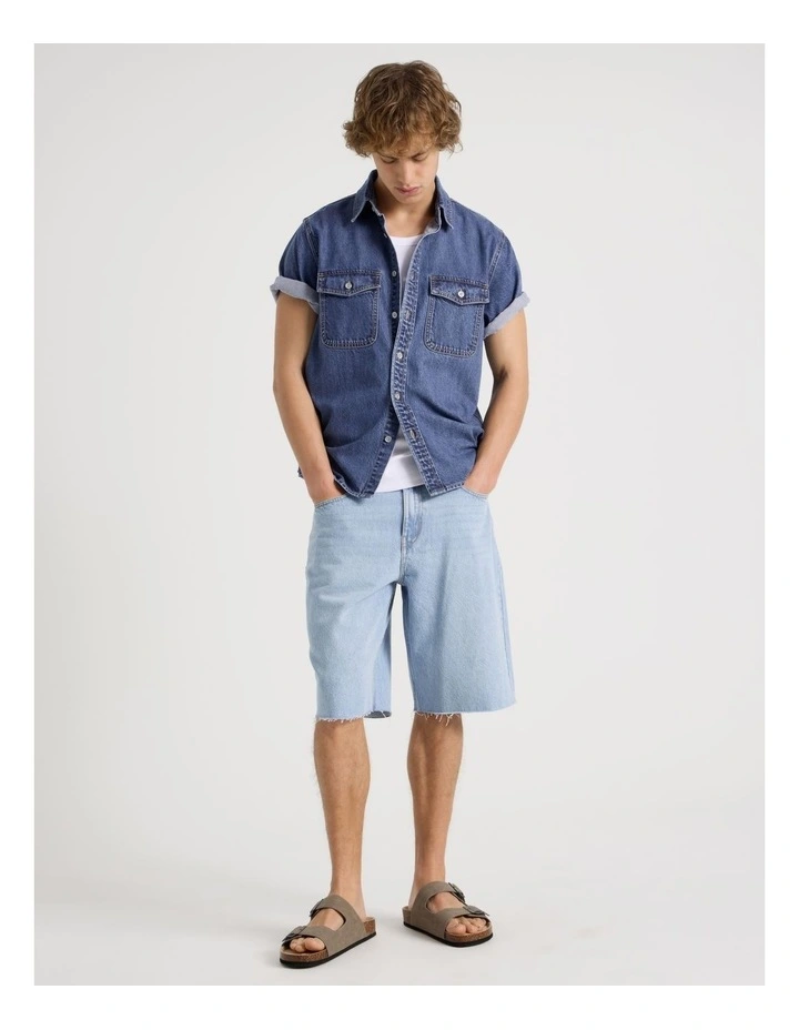 Lyocell Blend Short Sleeve Denim Shirt in Mid Blues image 2
