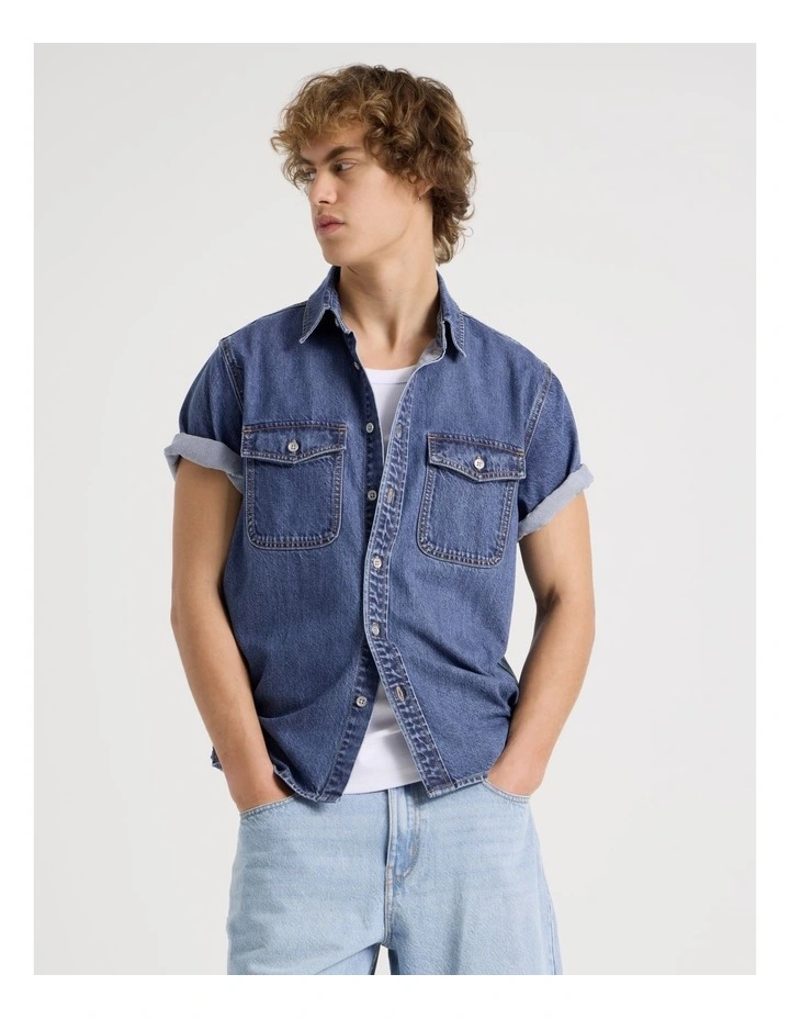 Lyocell Blend Short Sleeve Denim Shirt in Mid Blues image 3